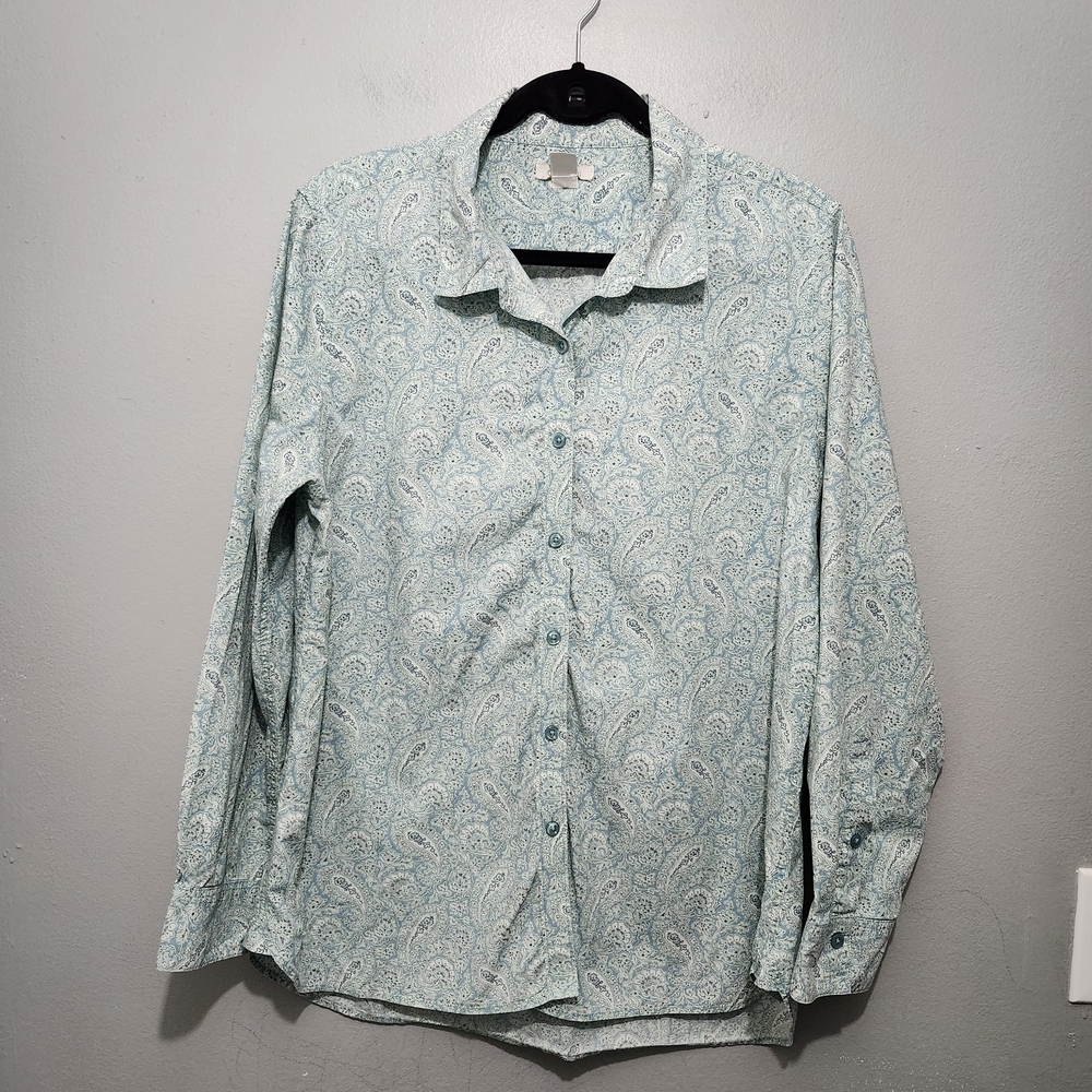 Garnet Hill Light Teal Paisley Long-Sleeve Shirt Size 14 Organic Cotton